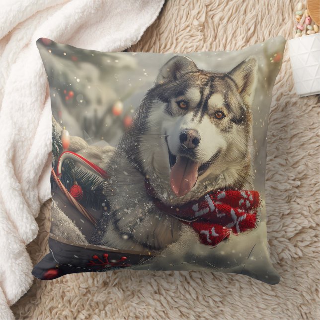 Coussin Chien Husky Sibérien Noël Festif (Couverture)