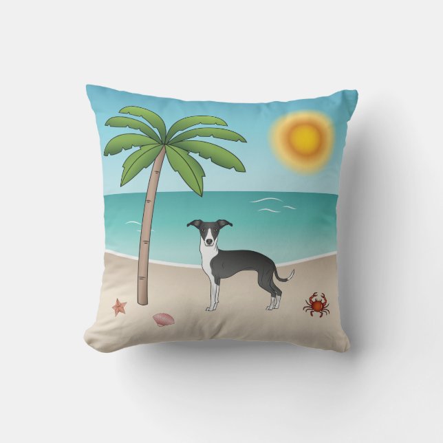 Coussin Chien Iggy Noir Et Blanc à la Plage Tropicale d'Ét (Recto)