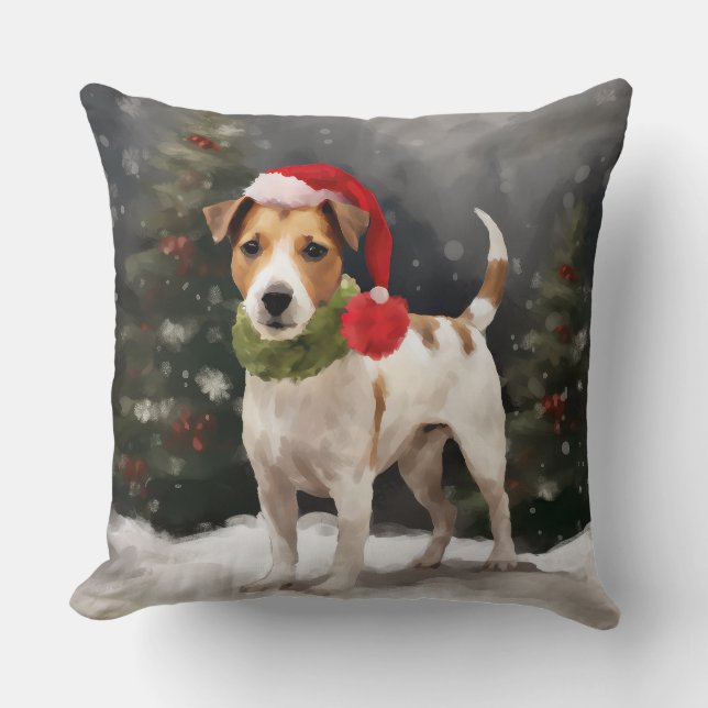 Coussin Chien Jack Russell dans la neige Noël (Recto)