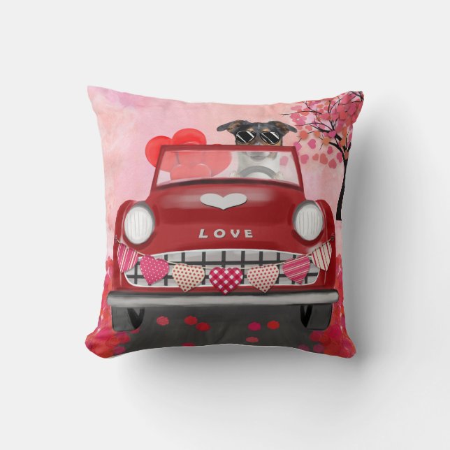Coussin Chien Jack Russell dans une voiture avec des cœurs (Recto)