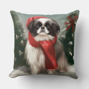 Coussin Chien Japonais Chin dans la neige de Noël