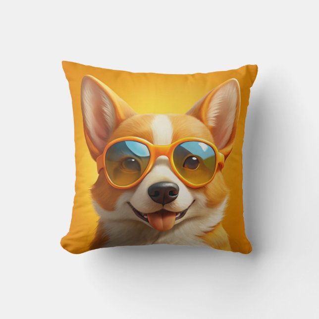 Coussin Chien jaune mignon portant des lunettes de soleil (Recto)
