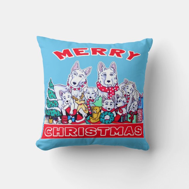 Coussin Chien Joyeux Noël Blanc Berger Fête GSD Fun (Recto)