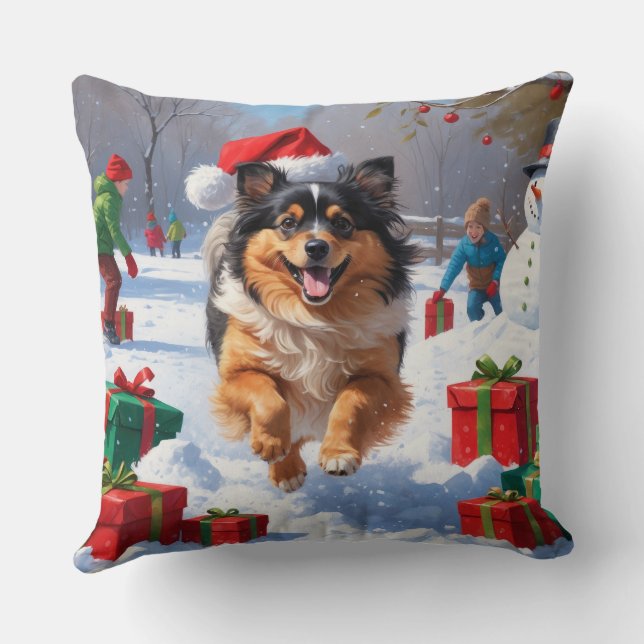 Coussin Chien Keeshond courant dans la neige avec un chape (Verso)