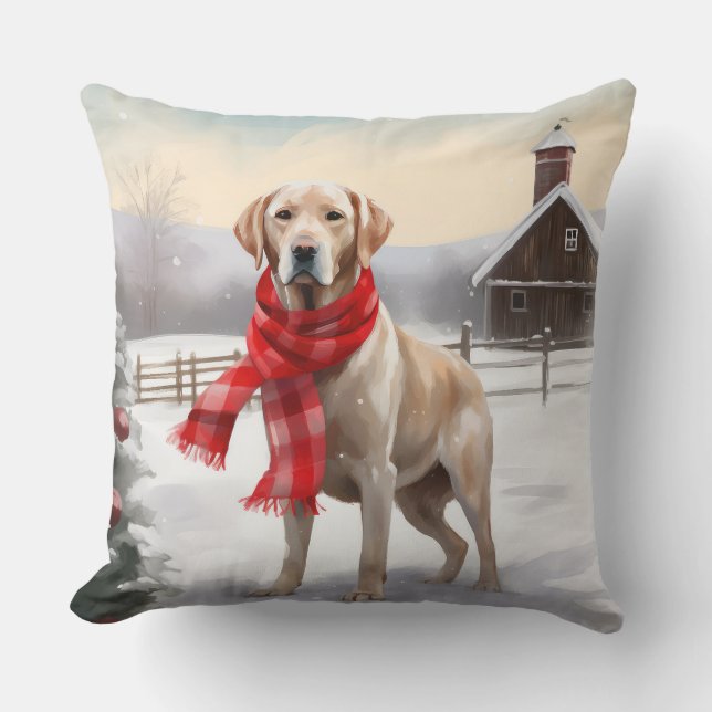 Coussin Chien Labrador dans la neige de Noël (Recto)