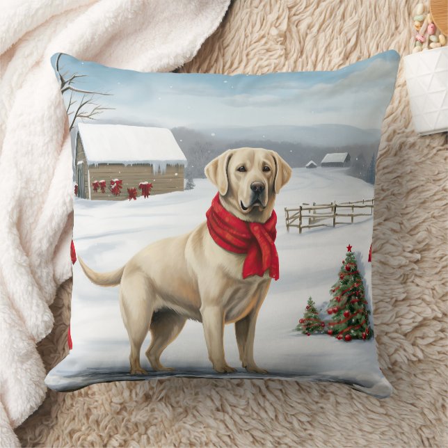 Coussin Chien Labrador Retriever dans la neige de Noël (Couverture)