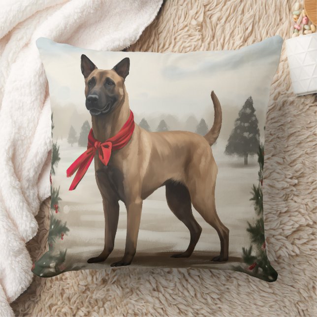 Coussin Chien Malinois Belge dans la neige de Noël (Couverture)