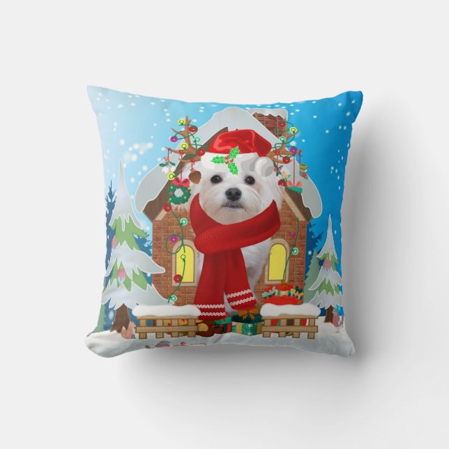 Coussin Chien maltais avec cadeaux de Noël (Recto)