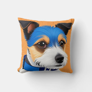 Coussin Chien mignon avec un collier bleu sur fond orange