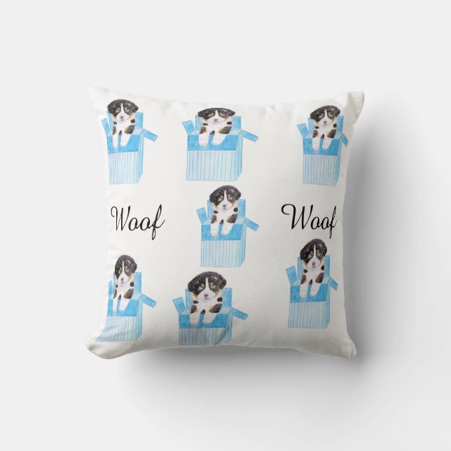 Coussin Chien mignon avec une boite bleue (Recto)