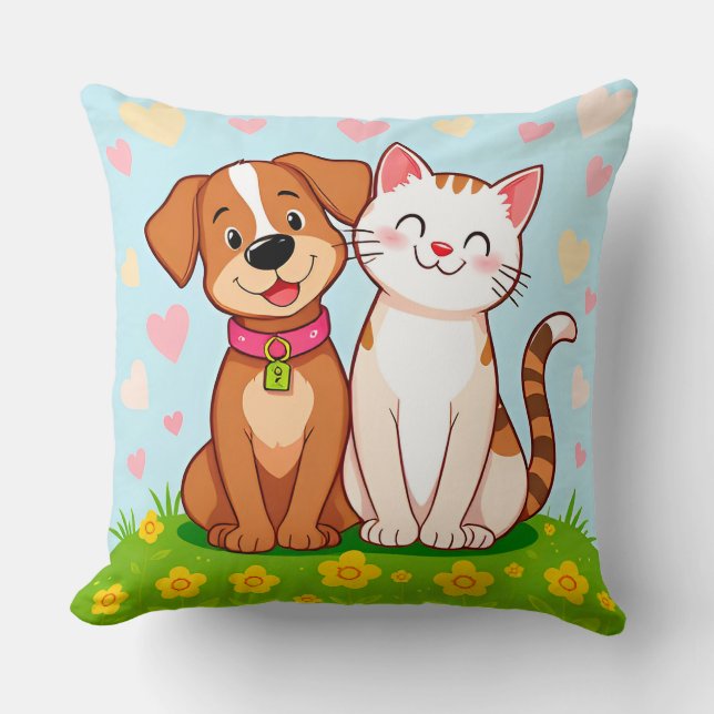 Coussin Chien Mignon Et Chat Ensemble Amitié Style Animali (Recto)