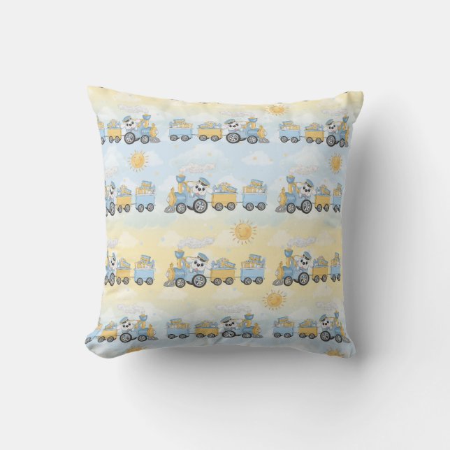 Coussin Chien mignon et train Jaune Bleu Jaune (Recto)