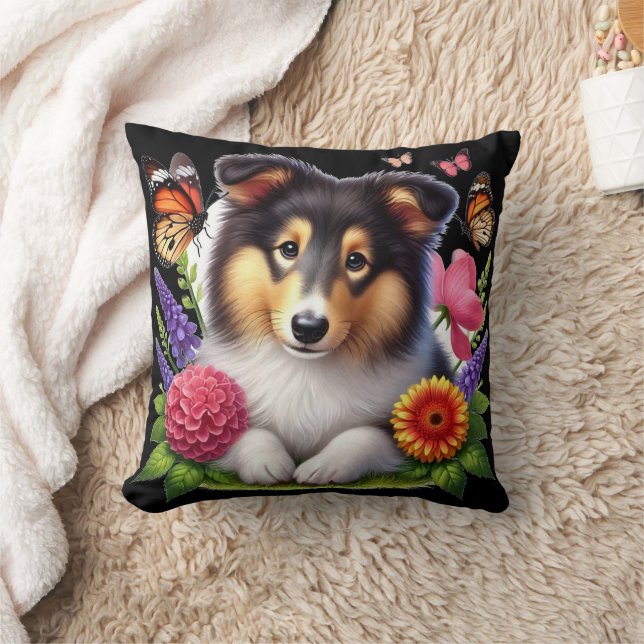 Coussin Chien-mouton Shetland avec fleurs et papillons (Couverture)