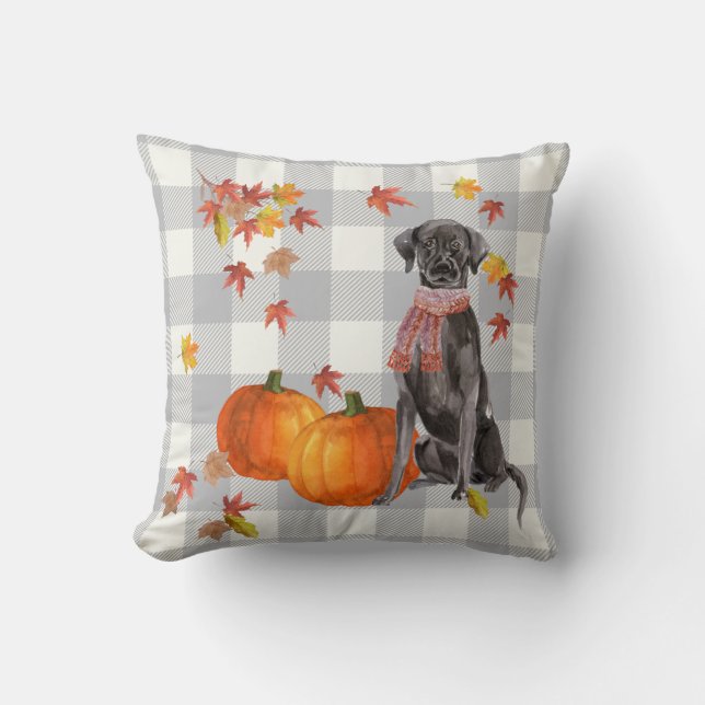 Coussin Chien noir avec des Citrouilles qui tombent Feuill (Recto)