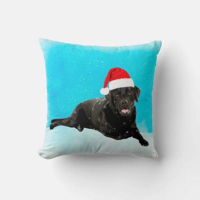 Coussin Chien noir du Labrador assis à la neige Noël (Recto)
