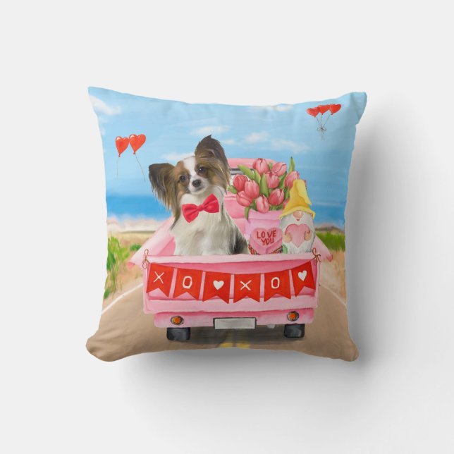 Coussin Chien Papillon Camion de la Saint-Valentin Cœurs (Recto)