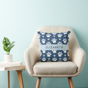 Coussin Chien Paws, White Paws, Blue Hearts, Votre Nom