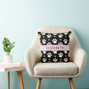 Coussin Chien Paws, White Paws, Gold Hearts, Votre Nom