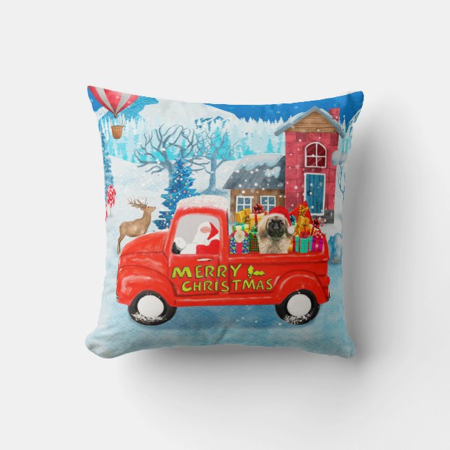 Coussin Chien Pekingese Livraison de Noël Camion Neige (Recto)