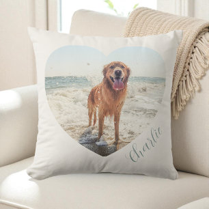 Coussin Chien personnalisé écriture photo de coeur en crèm