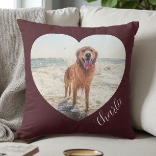 Coussin Chien personnalisé script photo cœur bordeaux
