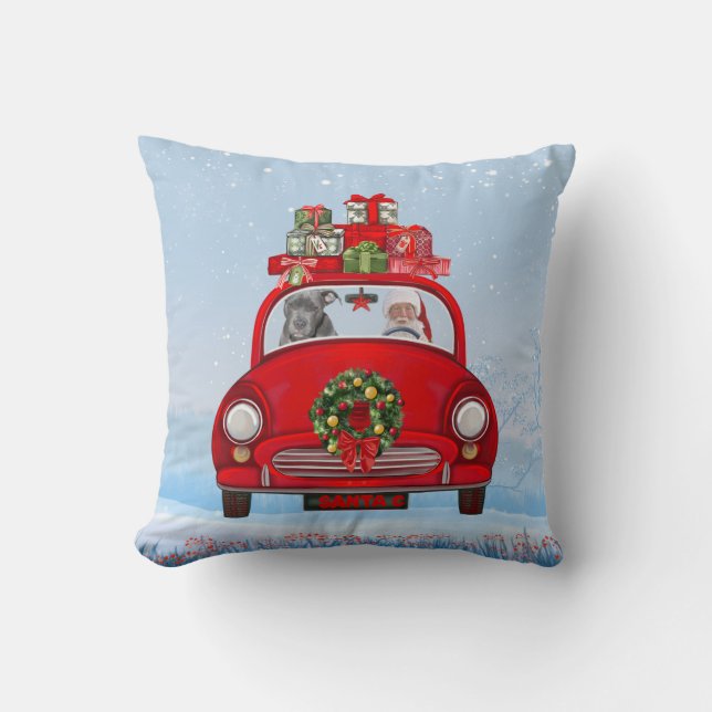 Coussin Chien Pitbull dans une voiture avec le Père Noël (Recto)