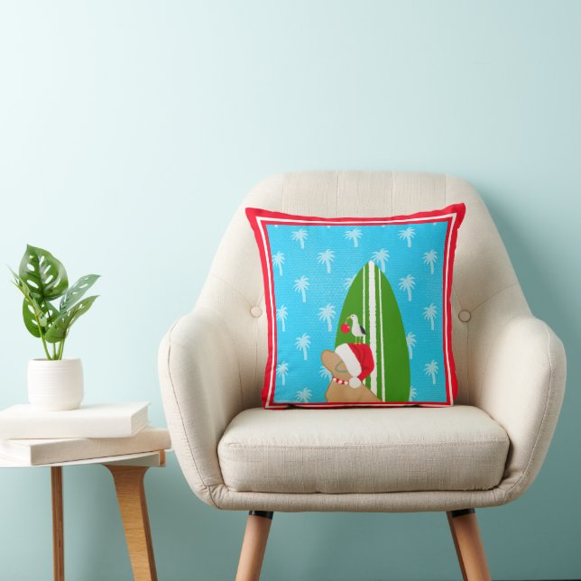 Coussin Chien Planche de Surf Dorée de Noël Santa Goéland (Chaise)
