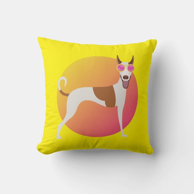 Coussin Chien podenco jaune et rose avec lunettes de solei (Recto)
