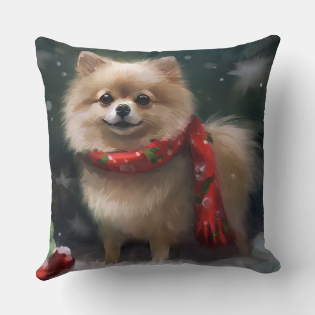Coussin Chien Poméranie dans la neige de Noël (Verso)