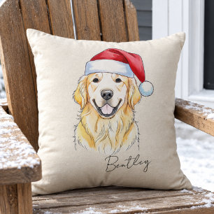 Coussin Chien Retriever Doré de Noël Dessiné à la Main sur