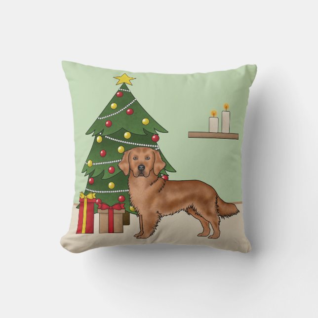 Coussin Chien Retriever Golden Rouge Avec Arbre de Noël (Recto)