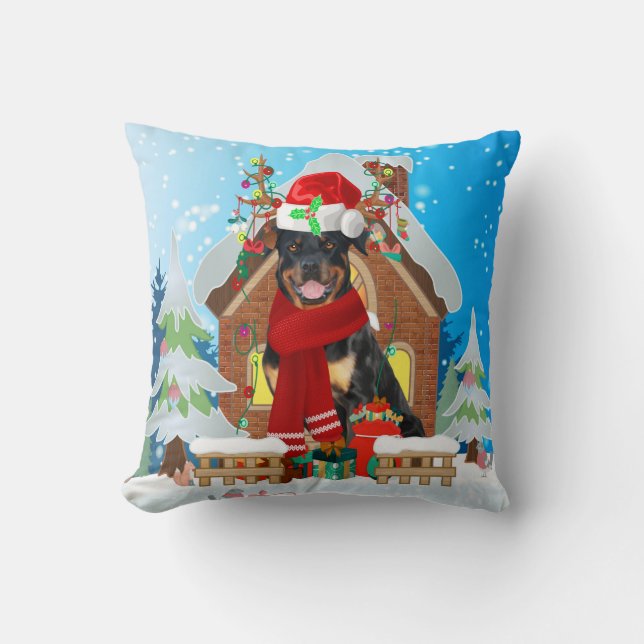 Coussin Chien Rottweiler avec cadeaux de Noël (Recto)