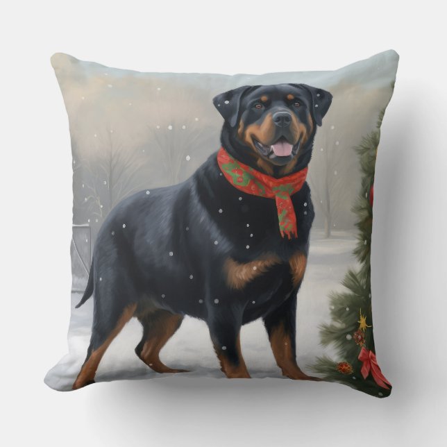 Coussin Chien Rottweiler dans la neige de Noël (Recto)