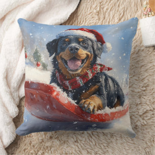 Coussin Chien Rottweiler en Traîneau Qu'il neige Noël