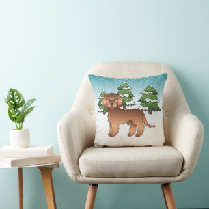 Coussin Chien Rouge Mini Goldendoodle Dans Une Forêt D'Hiv