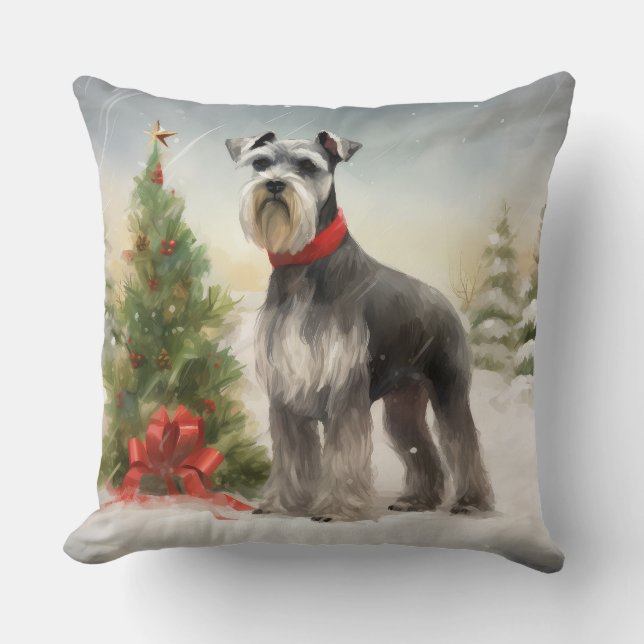 Coussin Chien Schnauzer dans la neige de Noël (Recto)