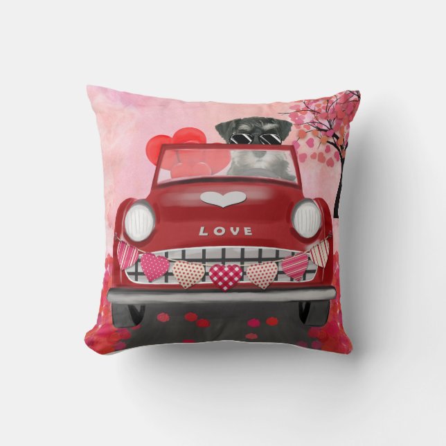 Coussin Chien Schnauzer Voiture avec coeurs Saint-Valentin (Recto)