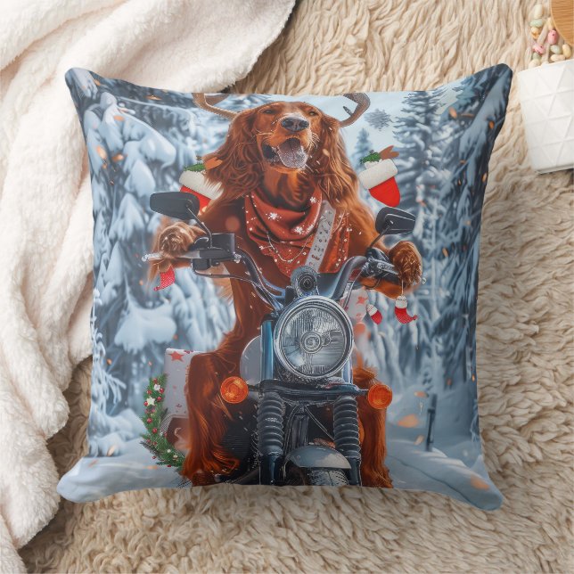 Coussin Chien Setter Rouge Irlandais à moto Noël (Couverture)