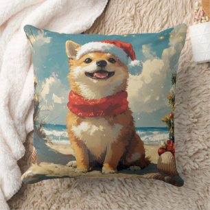 Coussin Chien Shiba Inu Noël Plage Vintage