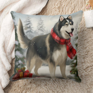 Coussin Chien sibérien Husky à Noël de neige