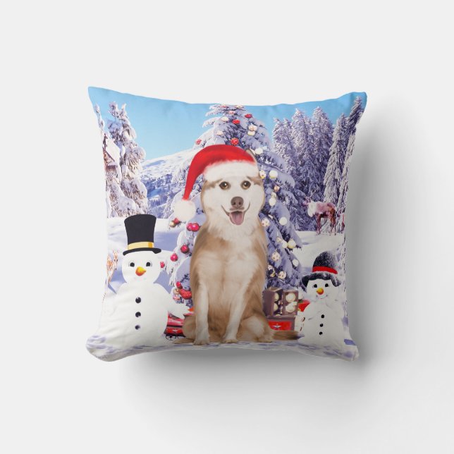 Coussin Chien sibérien Husky en neige avec Casquette de No (Recto)