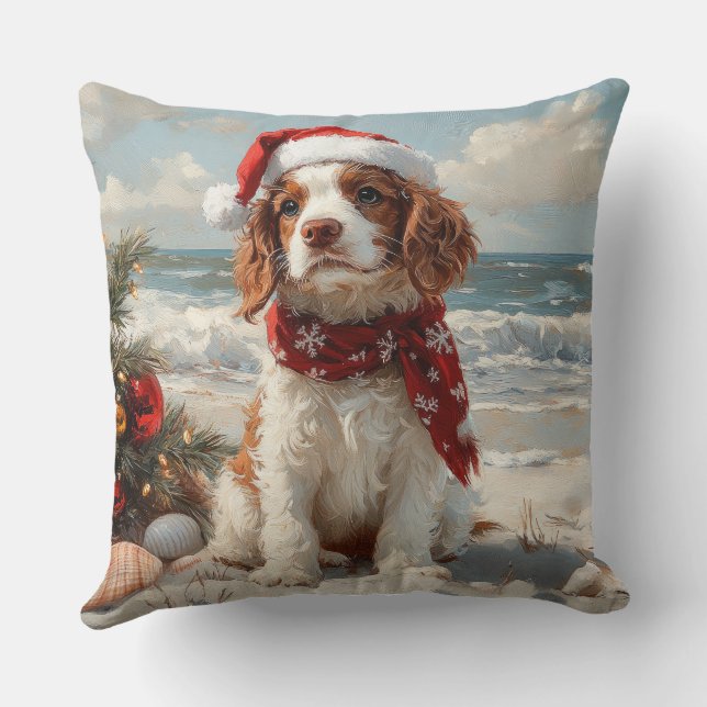 Coussin Chien Springer Spaniel Noël Vintage Plage (Verso)