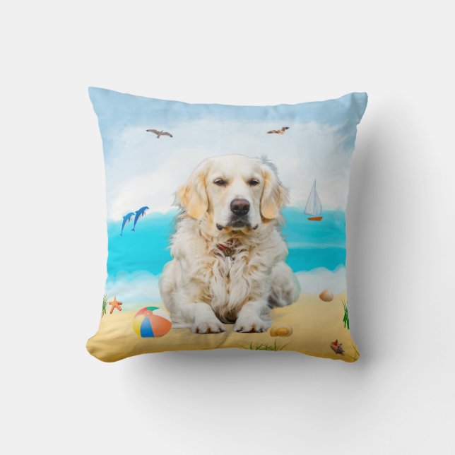 Coussin chien sur la plage (Recto)