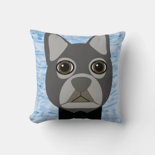 Coussin Chien-taureau français gris, aquarelle bleu