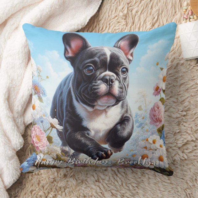 Coussin Chien-taureaux et fleurs français noir et blanc (Couverture)