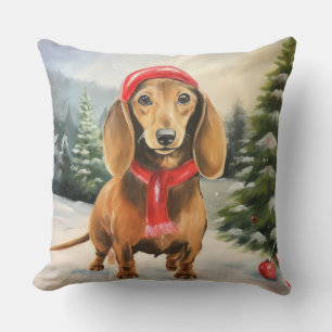 Coussin Chien teckel dans la neige Noël
