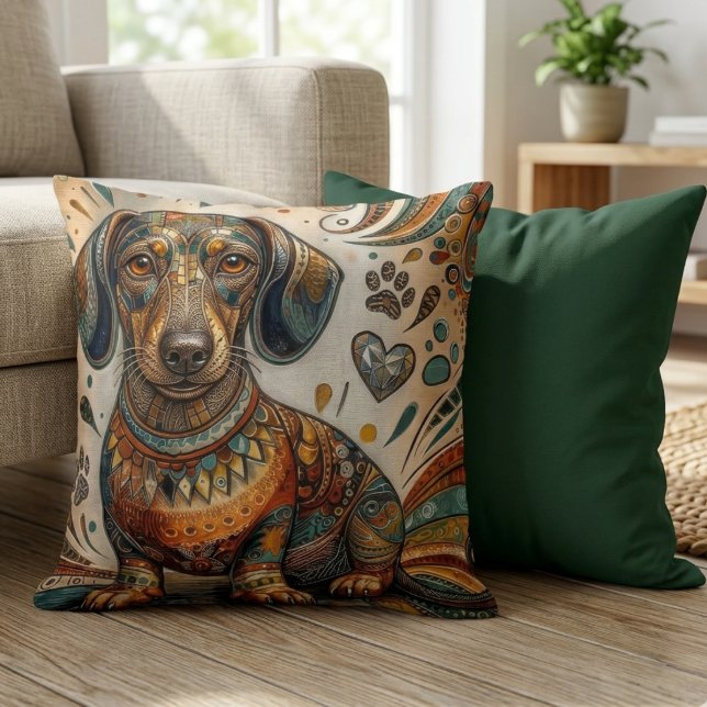 Coussin Chien Teckel Mosaïque Orné Bohème (An ornate mosaic dachshund pillow for a doxie mom's vibrant housewarming living room decor.)