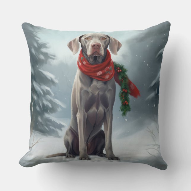 Coussin Chien Weimaraner dans la neige Noël (Recto)