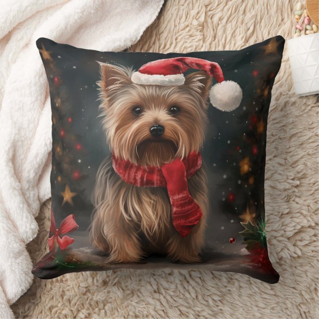 Coussin Chien Yorkshire Terrier dans la neige de Noël (Couverture)