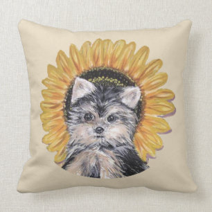 Coussin Chien Yorkshire Terrier mignon & tournesol sur bei